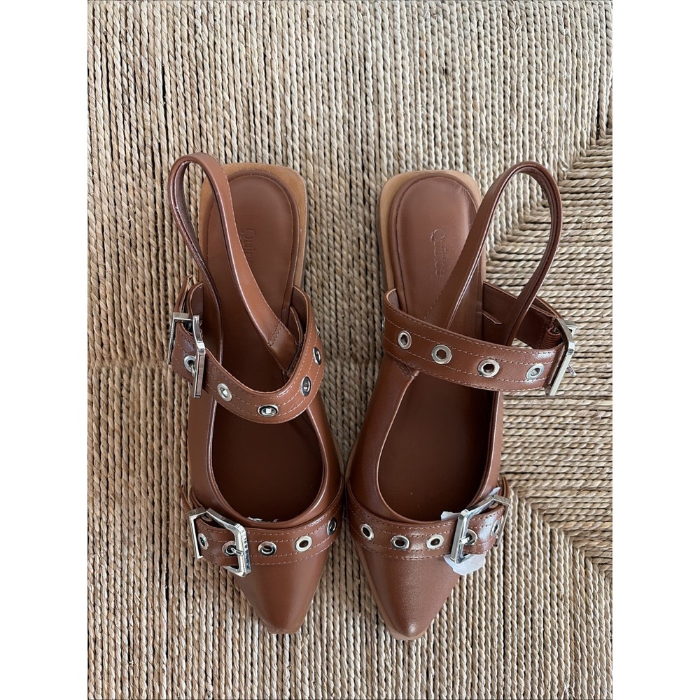 Quince Shoes Women 8 Italian Leather Bold Buckle Slingback Flat Cognac Luxury - Picture 2 of 8